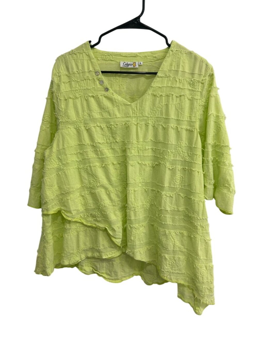 Calypso XL Lime Green Textured Asymmetrical Top Whimsical Statement Style